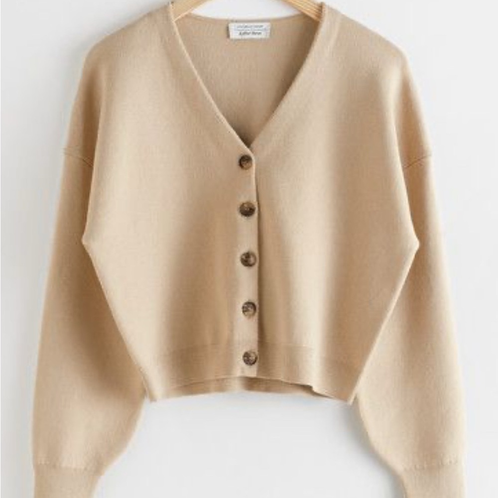 & Other Stories Tan V-Neck Cardigan Cropped Knit
